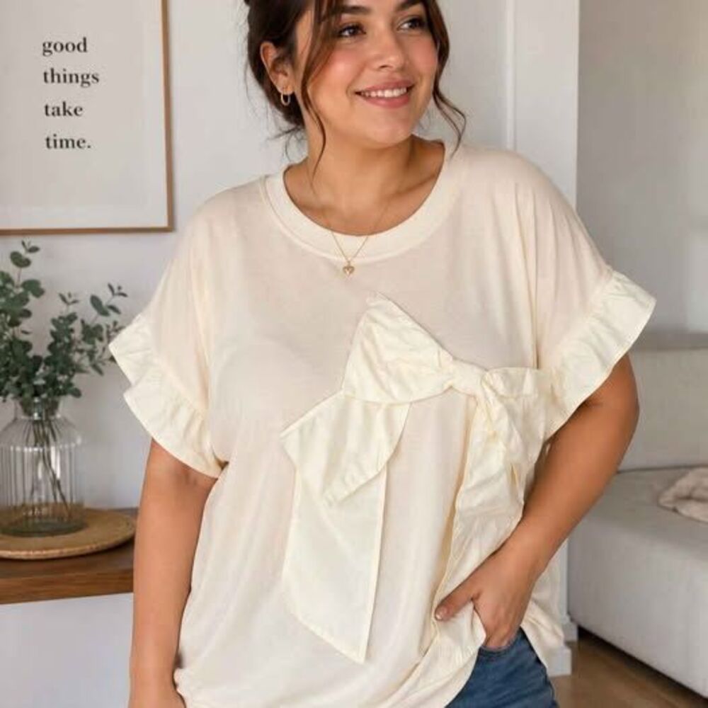 Women’s XL Cream Oversized Blouse with Large Bow and Ruffle Sleeves